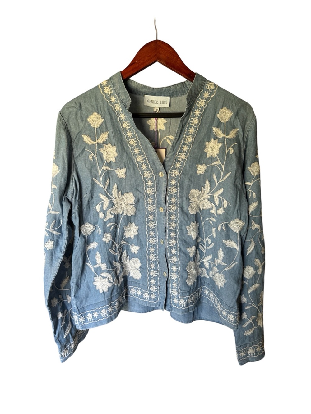Nikki lund Blue Embroidered Button-Down Shirt Jacket